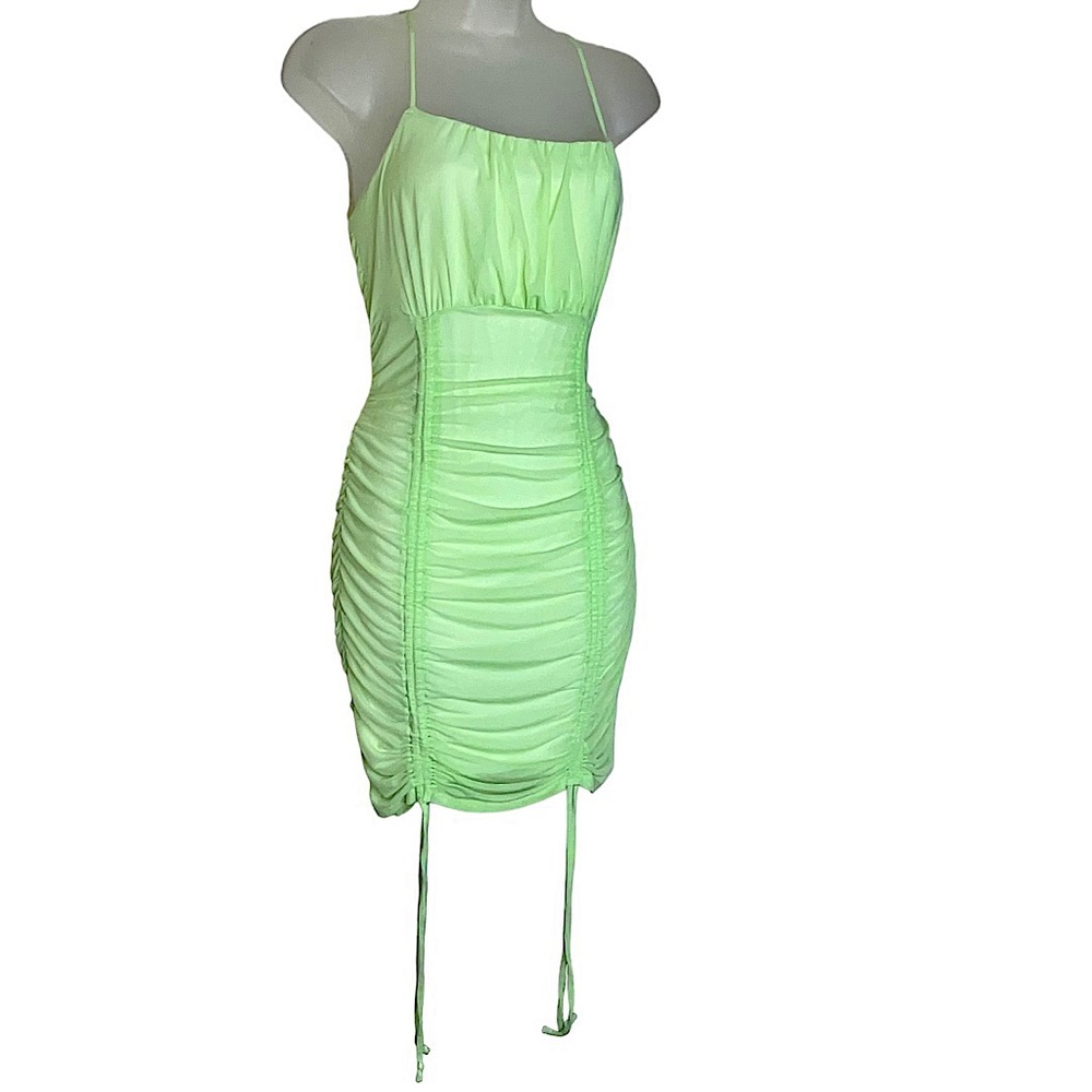 UO Liz & Sara Neon Lime Green Ruched Mesh Drawstring Bow Tie Mini Dress Cocktail